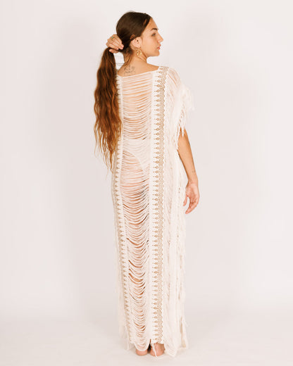 Tulum Dress - White Maxi with Frayed Details