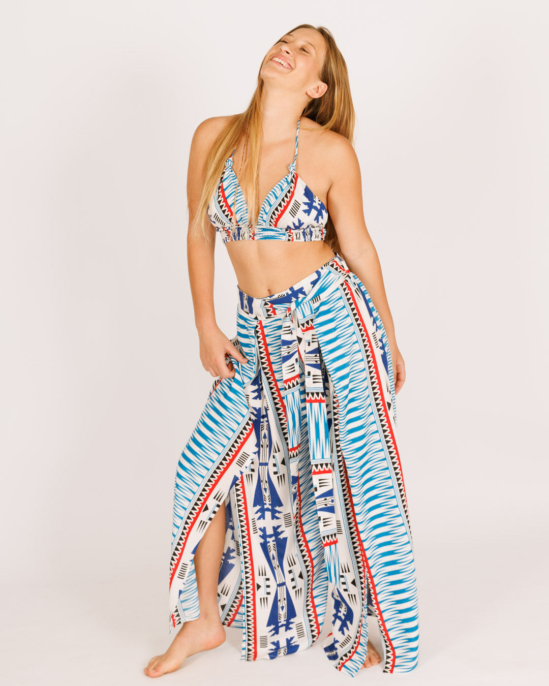 White and blue tribal triangle chest top