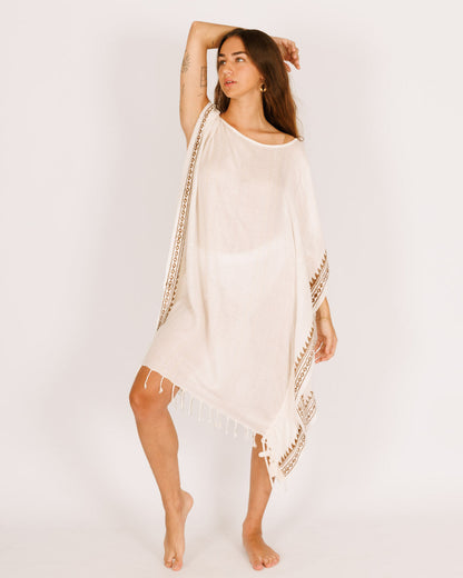 White Poncho Dress with Gold Border