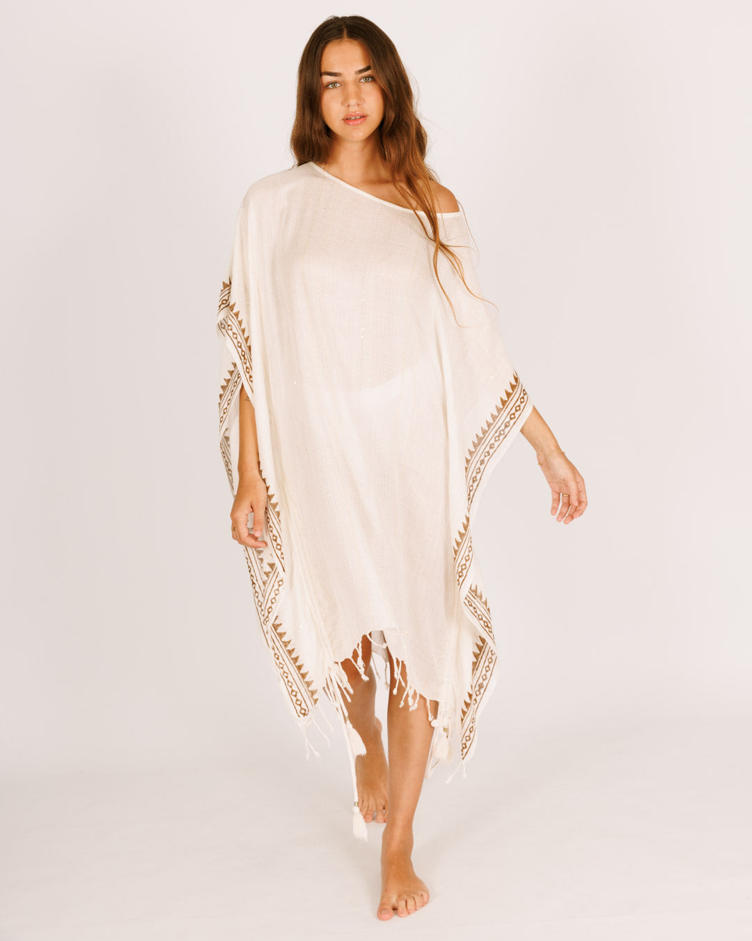 White Poncho Dress with Gold Border