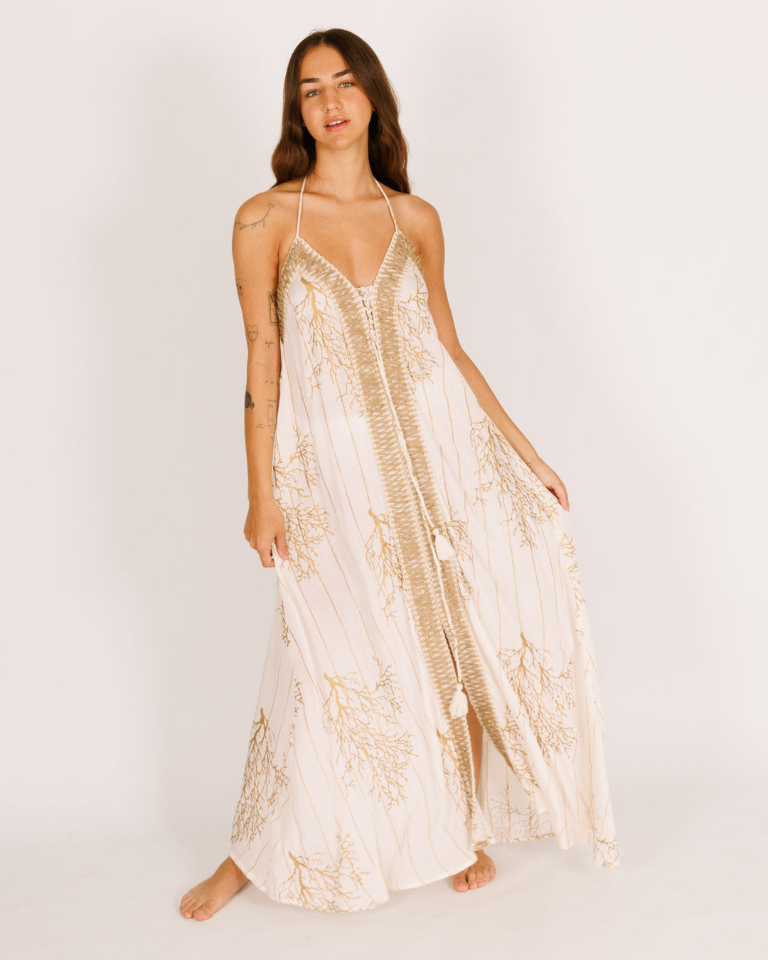 White Maxi Dress with Gold Coral and Straw Border