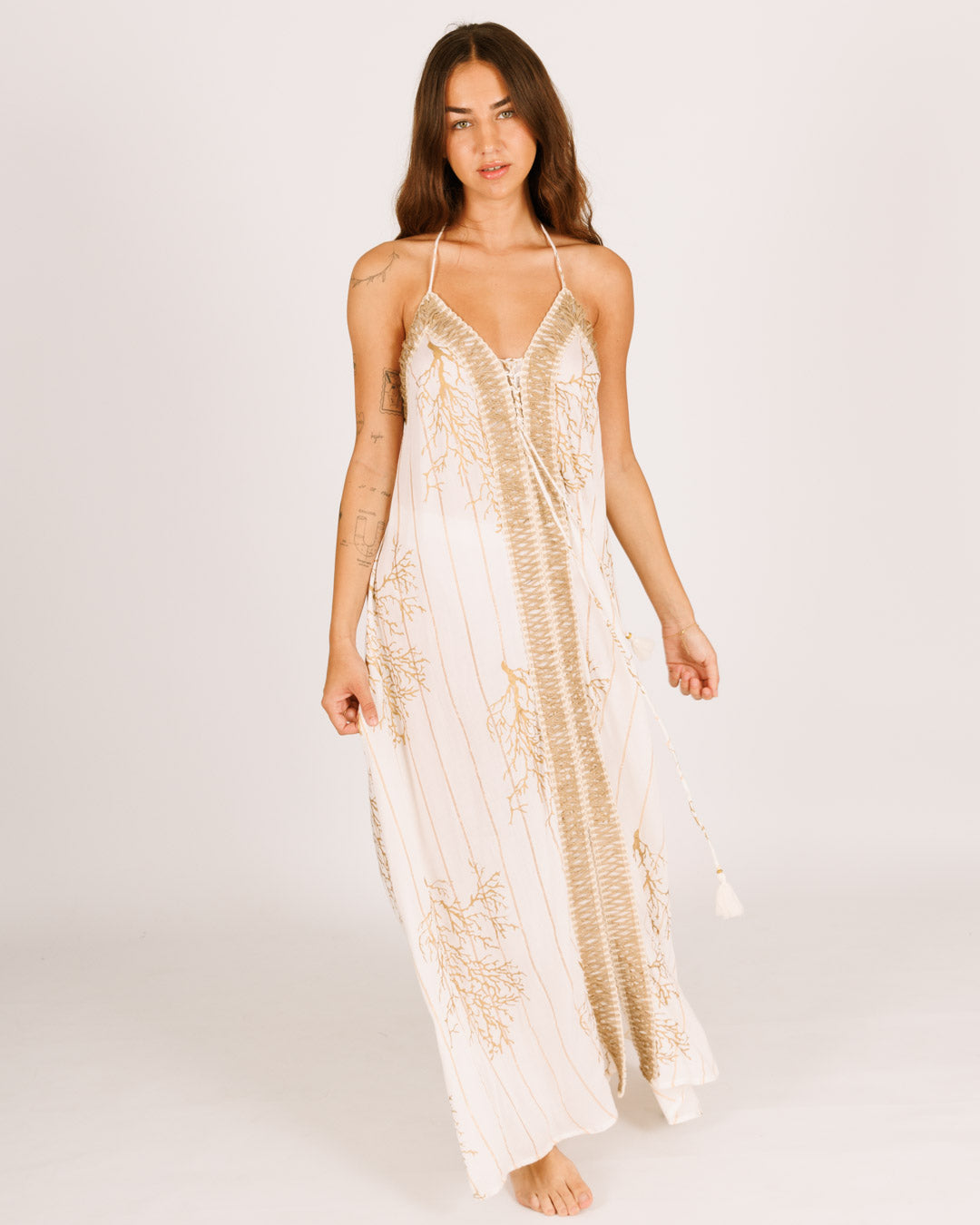 White Maxi Dress with Gold Coral and Straw Border