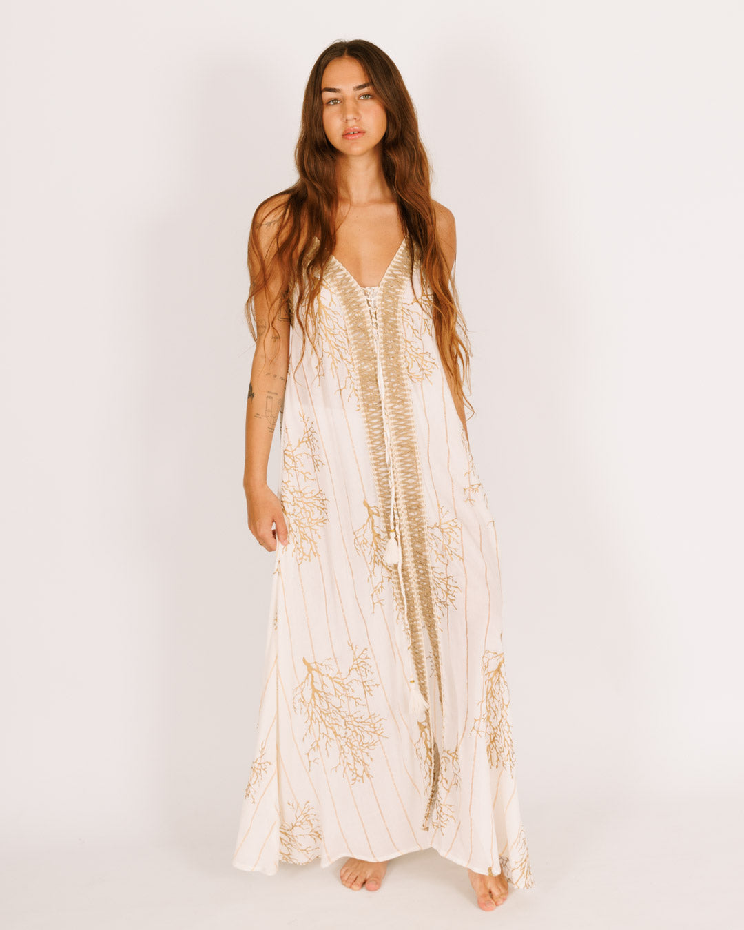 White Maxi Dress with Gold Coral and Straw Border