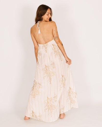 White Maxi Dress with Gold Coral and Straw Border