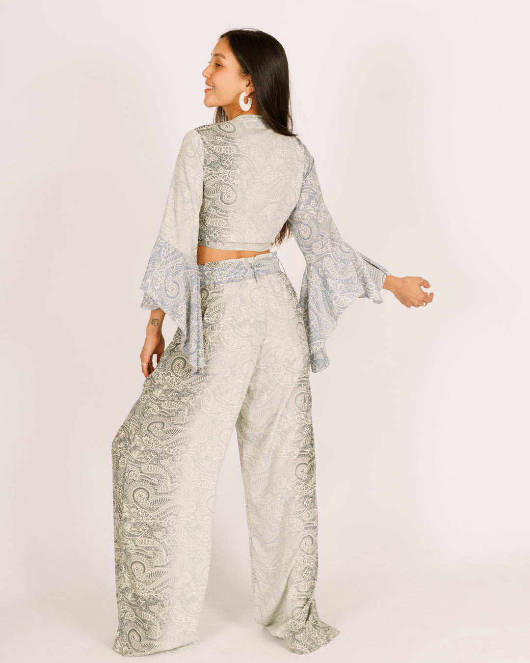 Floral Silk Pants in Light Blue and White