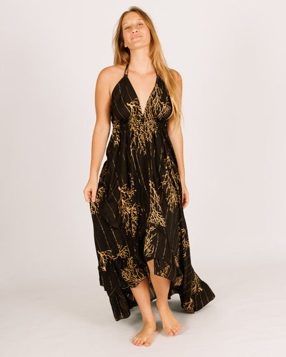 Black Maxi Dress with Coral Gold Frill Tie