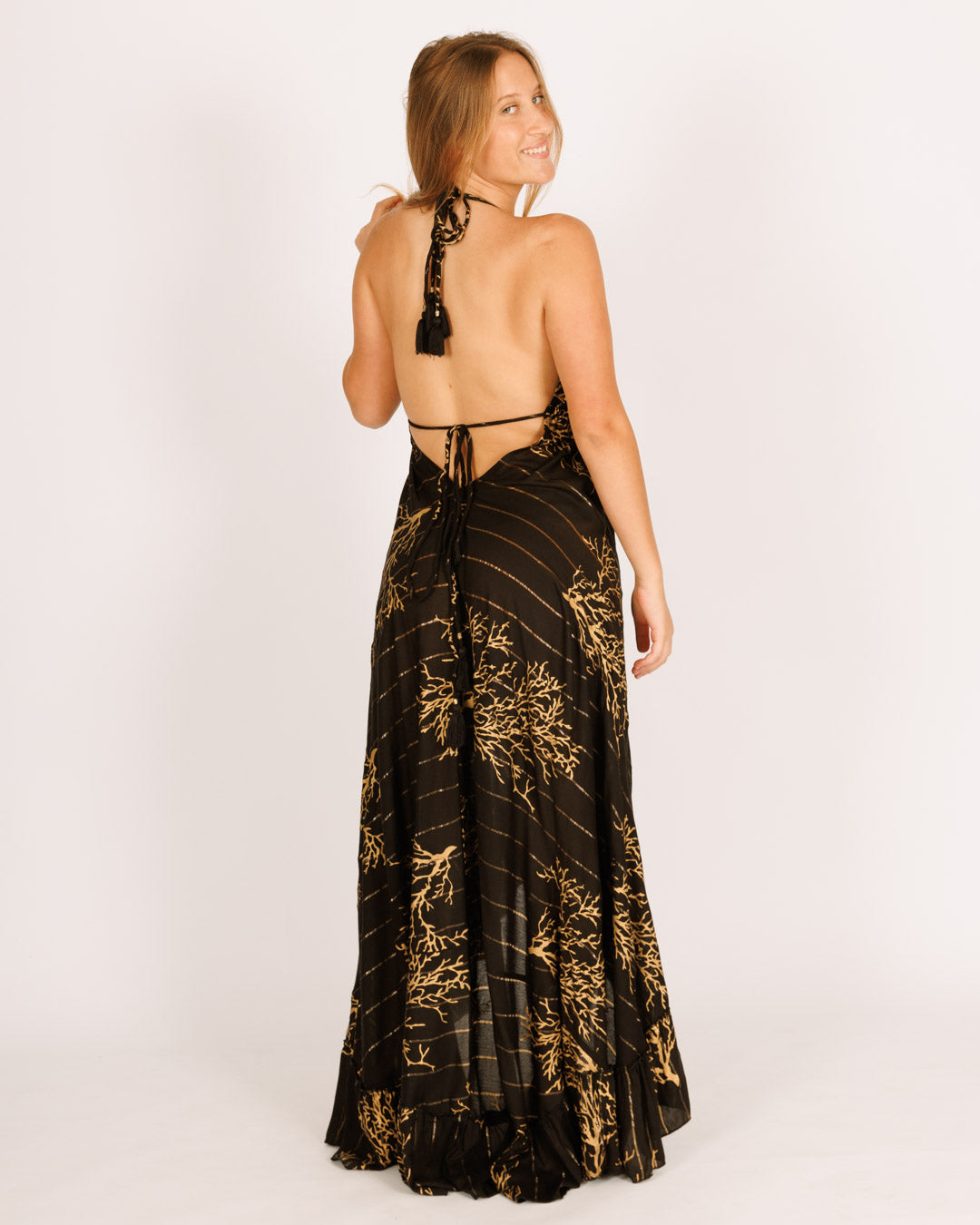 Black Maxi Dress with Coral Gold Frill Tie