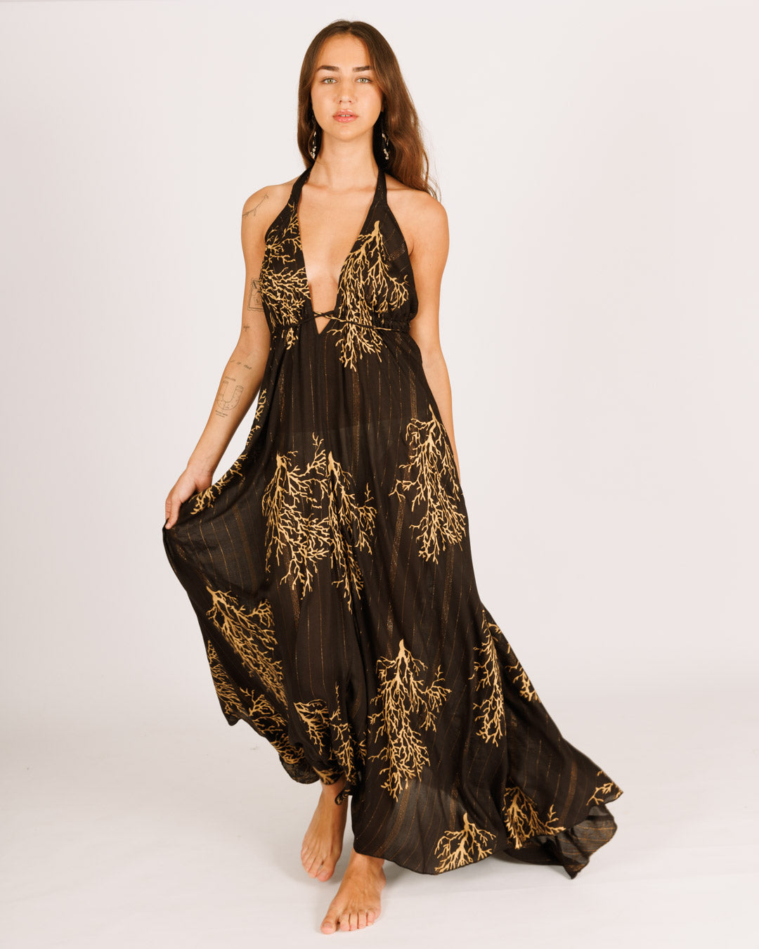 Maxi Dress with Back and Chest Slits in Black with Gold Coral