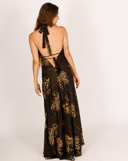 Maxi Dress with Back and Chest Slits in Black with Gold Coral