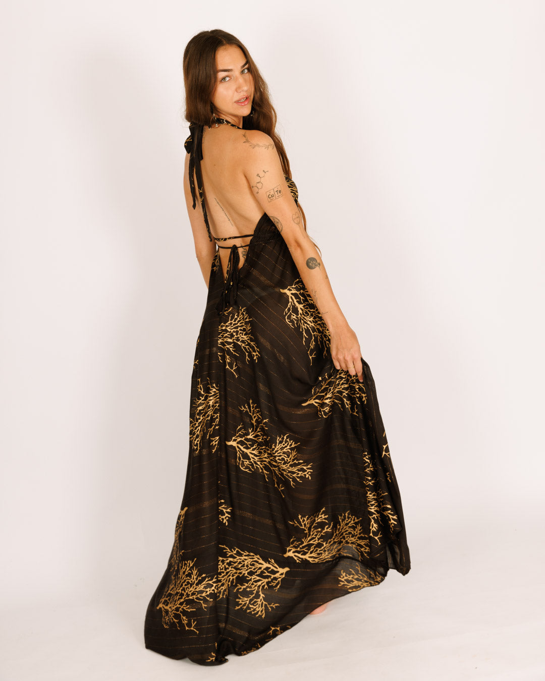 Maxi Dress with Back and Chest Slits in Black with Gold Coral