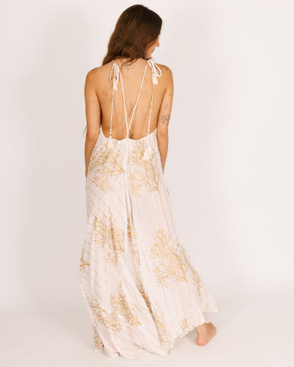 White Maxi Dress with a Collar, Open Back, and Gold Coral Accents