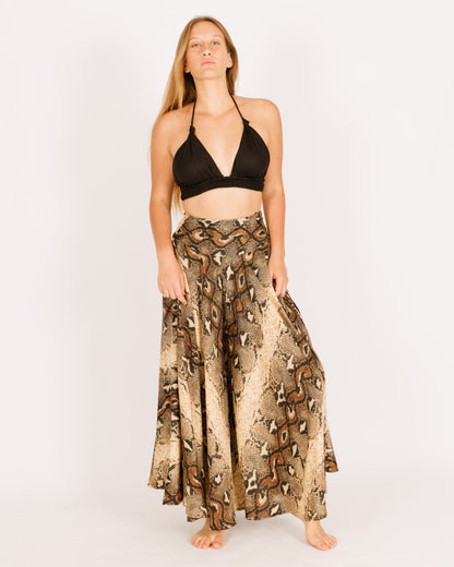 Snake-Print Silk Umbrella Trousers - Long and Flared