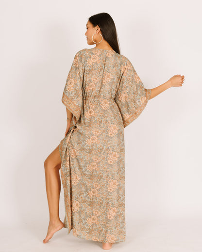 Silk floral kimono in turquoise gray