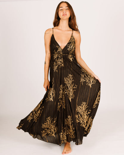 Black Maxi Tie Dress with Gold Coral Print