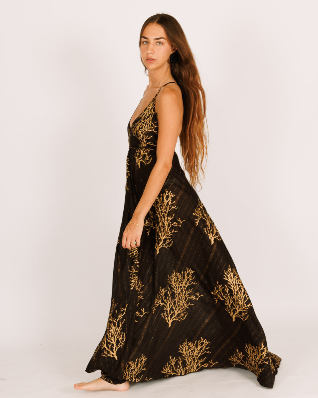 Black Maxi Tie Dress with Gold Coral Print