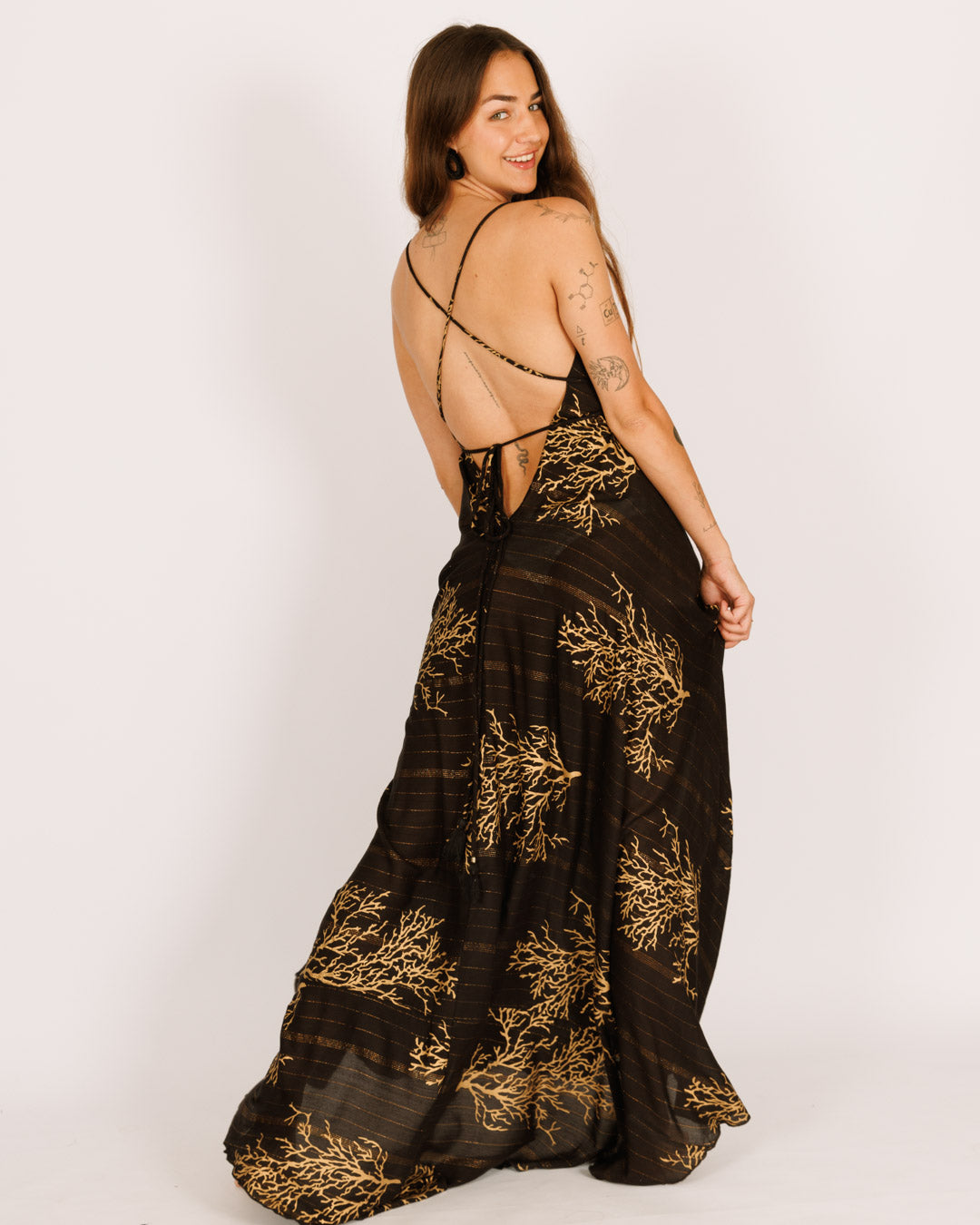 Black Maxi Tie Dress with Gold Coral Print