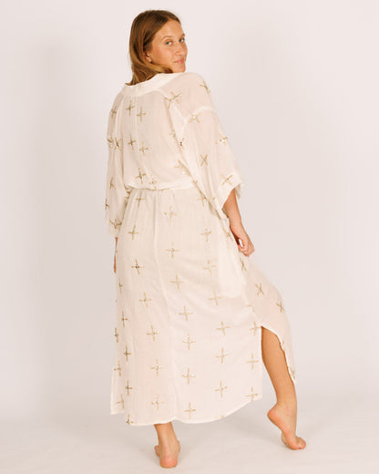 White Maxi Kimono with Positive Vibes Embroidery and Mirror Effect, Short Sleeve