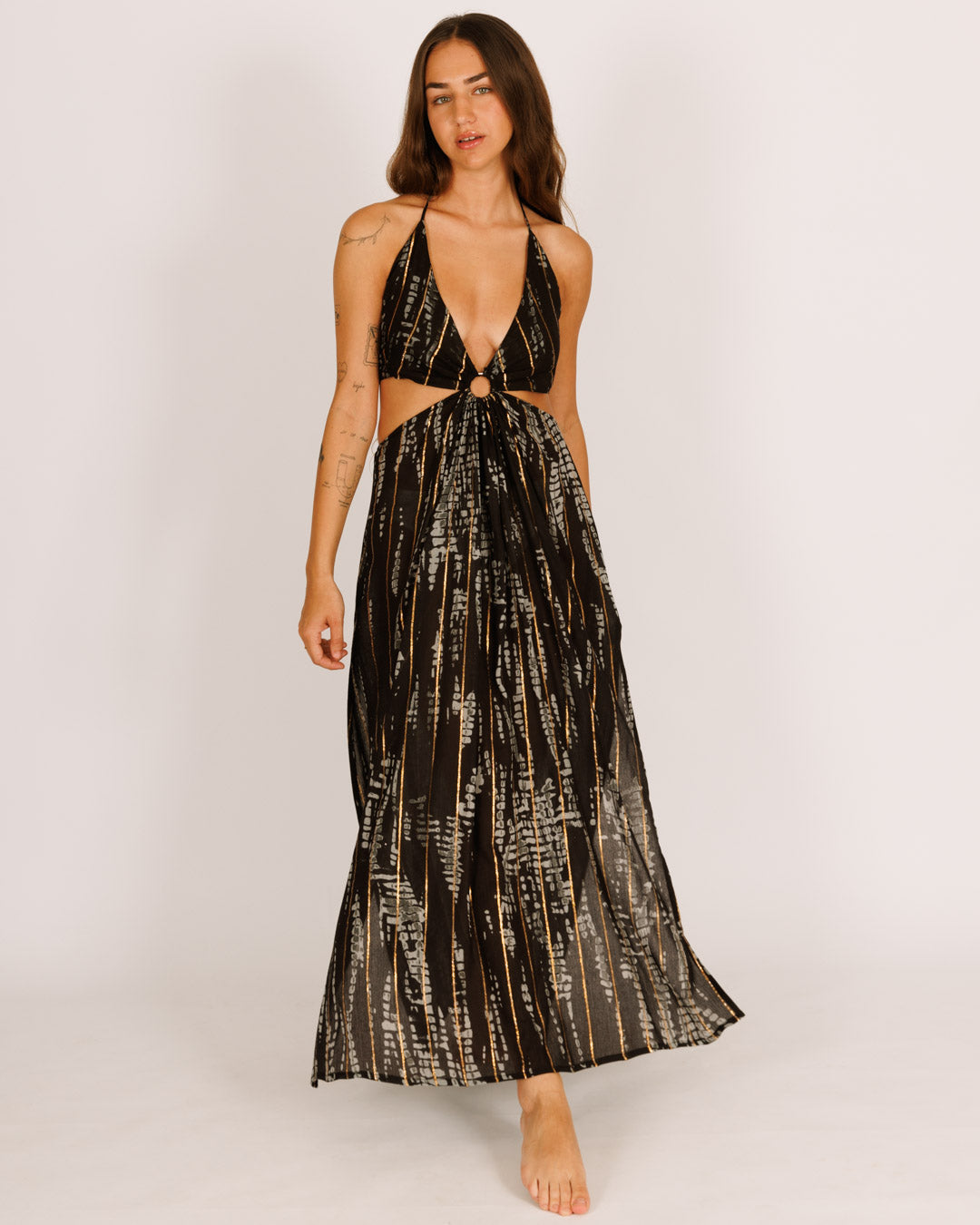 Maxi Dress with Black and Gray Tie-Dye, Gold Stripes