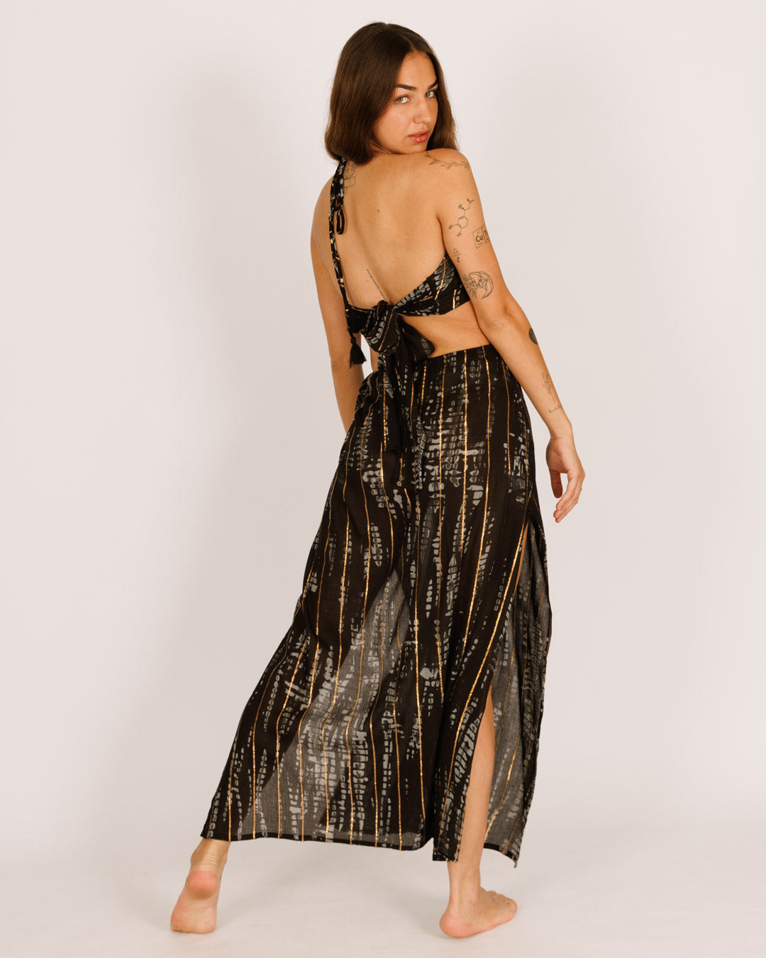 Maxi Dress with Black and Gray Tie-Dye, Gold Stripes