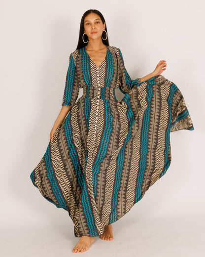 Maxi Dress with Long Sleeves, Black and Light Blue