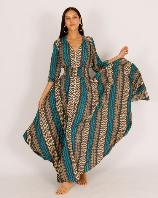 Maxi Dress with Long Sleeves, Black and Light Blue