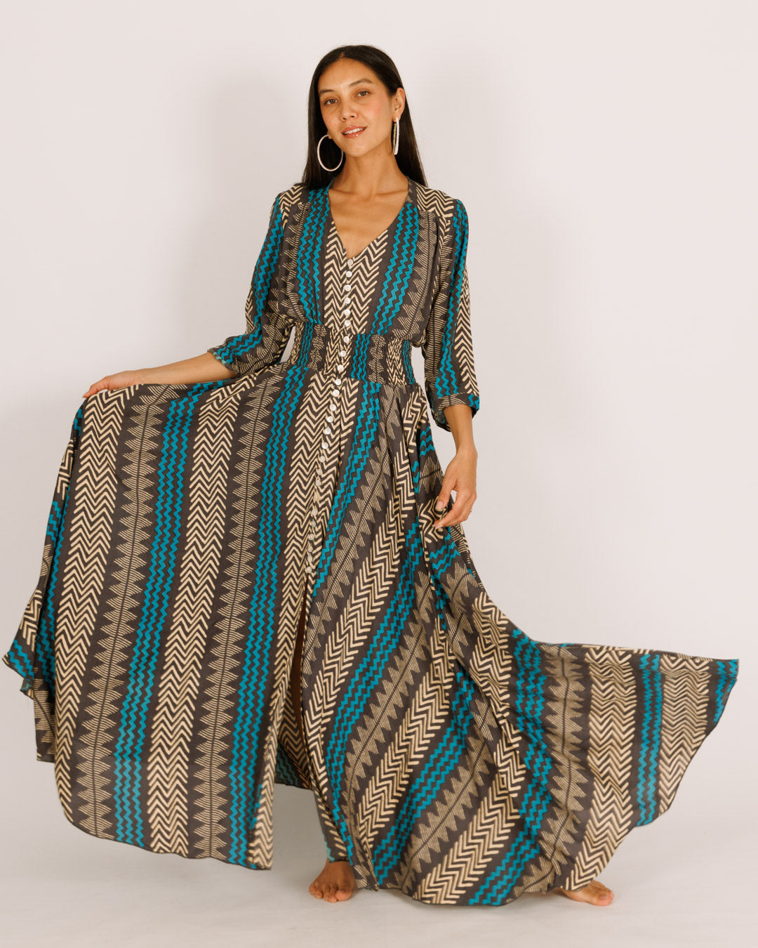 Maxi Dress with Long Sleeves, Black and Light Blue