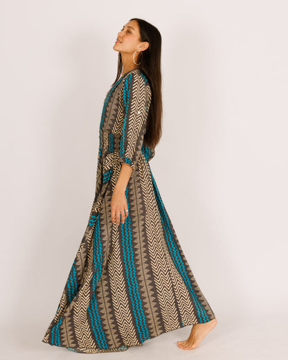 Maxi Dress with Long Sleeves, Black and Light Blue