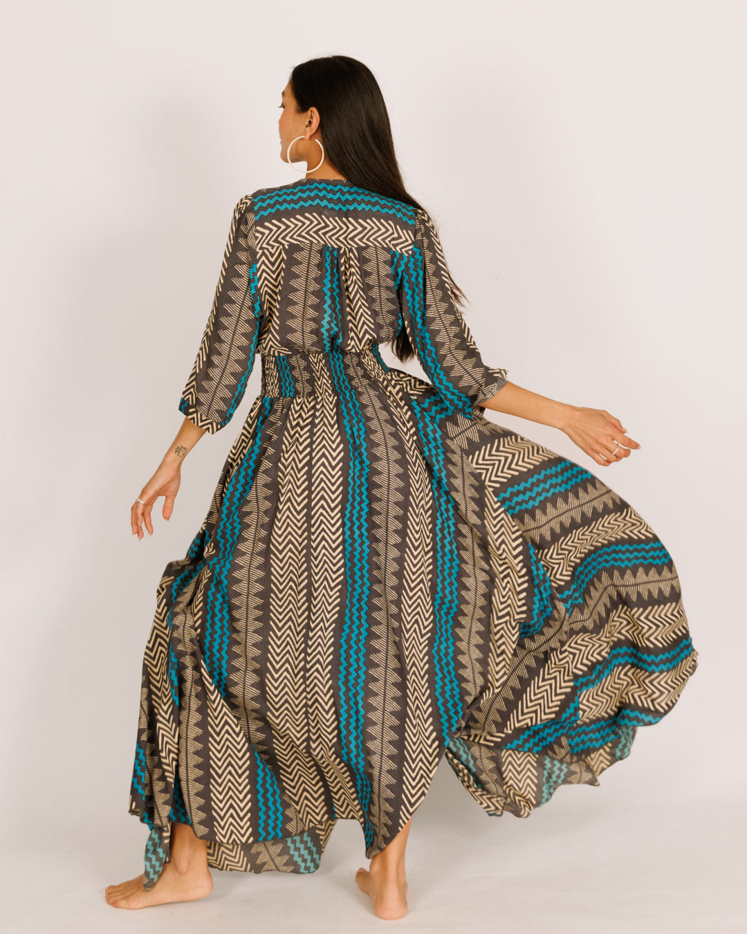 Maxi Dress with Long Sleeves, Black and Light Blue