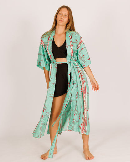 Printed Green Rayon Maxi Kimono