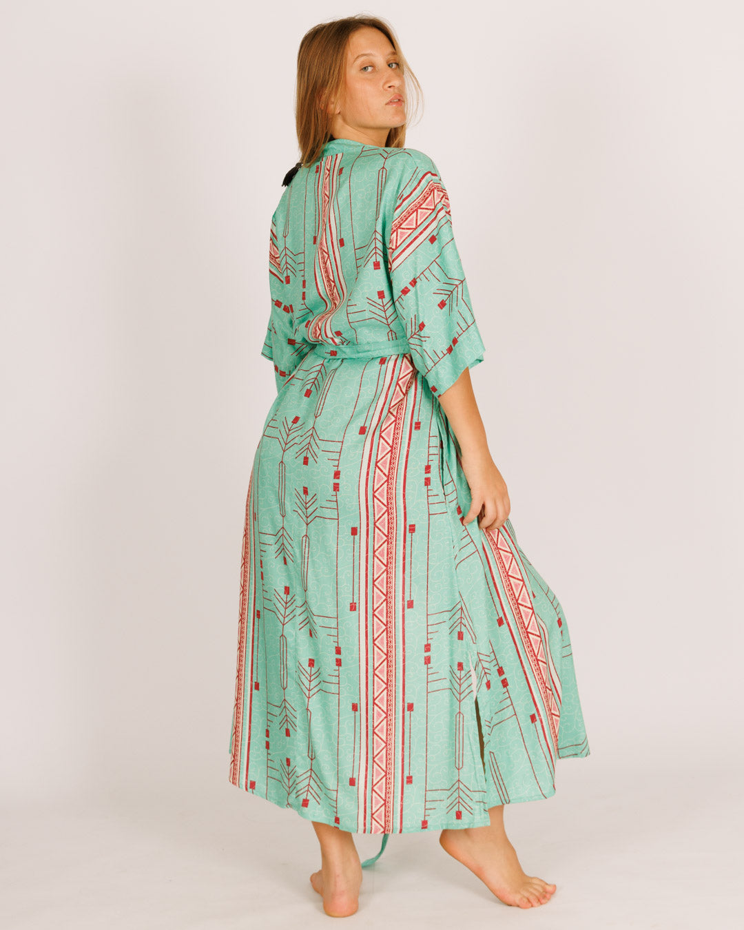 Printed Green Rayon Maxi Kimono