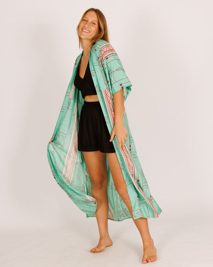 Printed Green Rayon Maxi Kimono