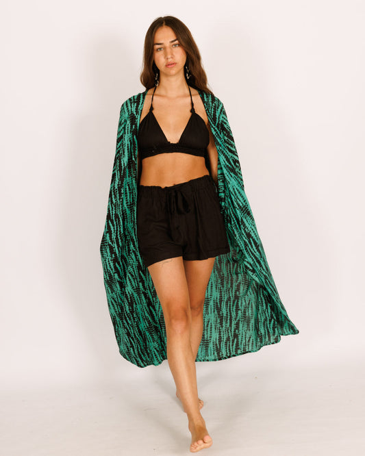 Maxi Kimono in Teal Tie-Dye with Black