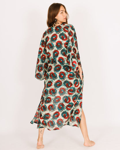 Printed Blue and Red Rayon Maxi Kimono