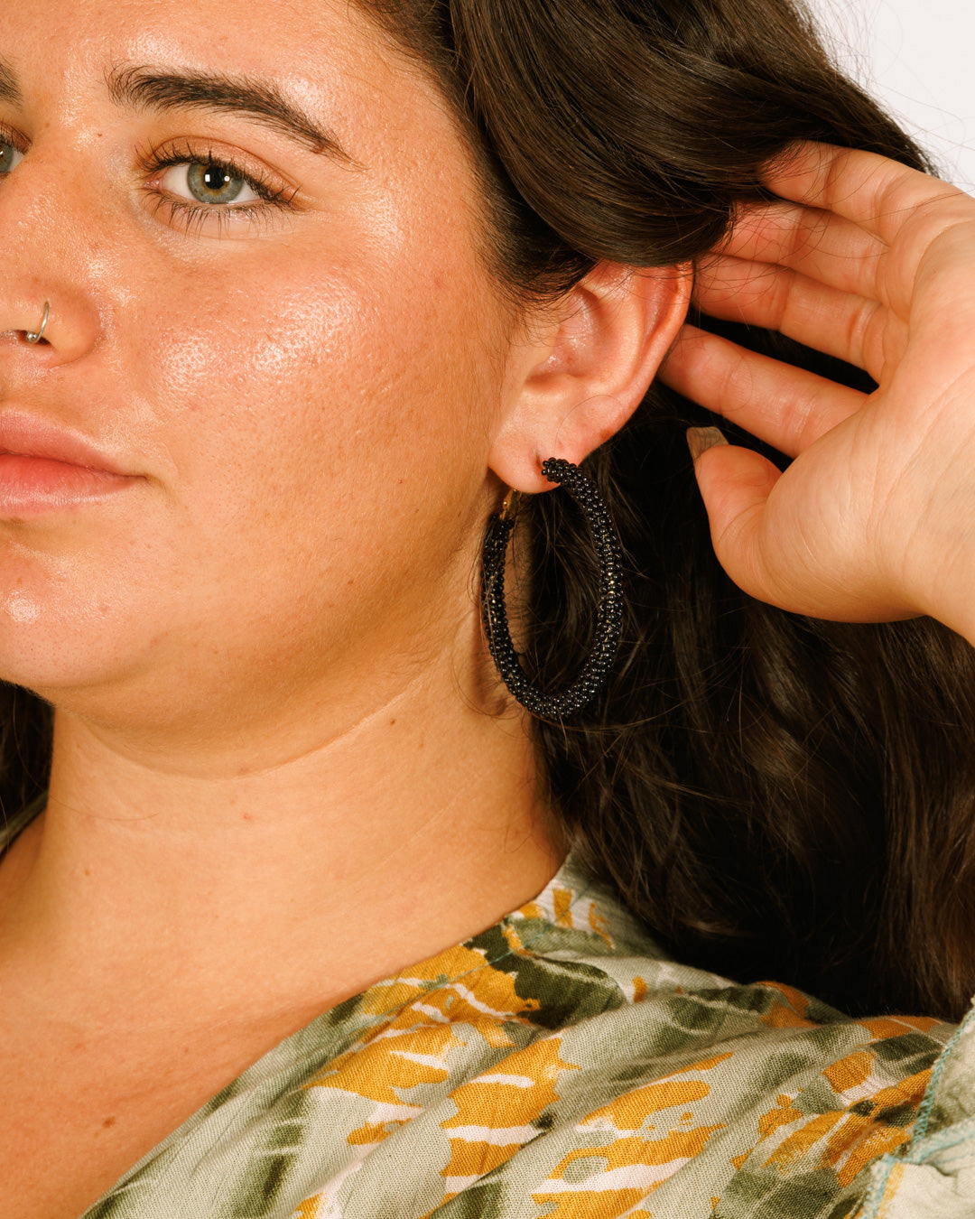 Beaded Earrings - Medium Black Hoop