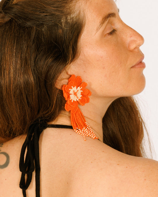 Beaded Earrings - Orange Flower