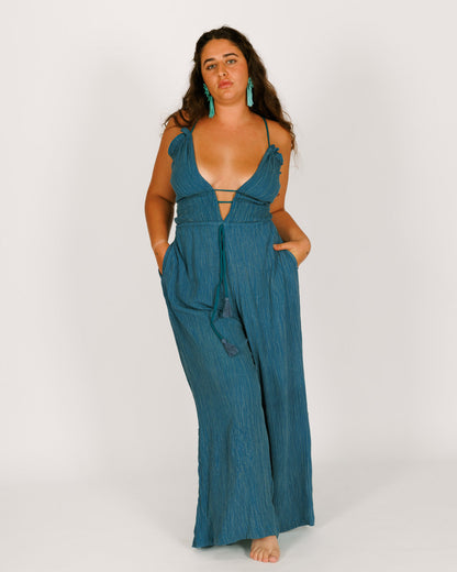 Blue Wrinkled Crepe Long Jumpsuit