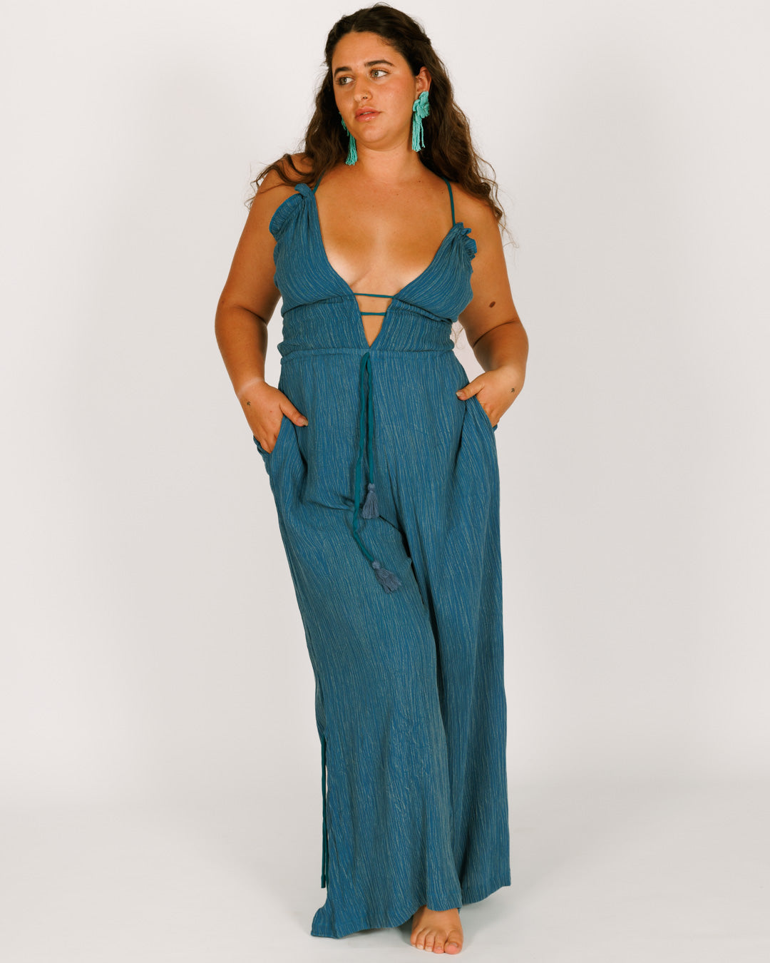 Blue Wrinkled Crepe Long Jumpsuit