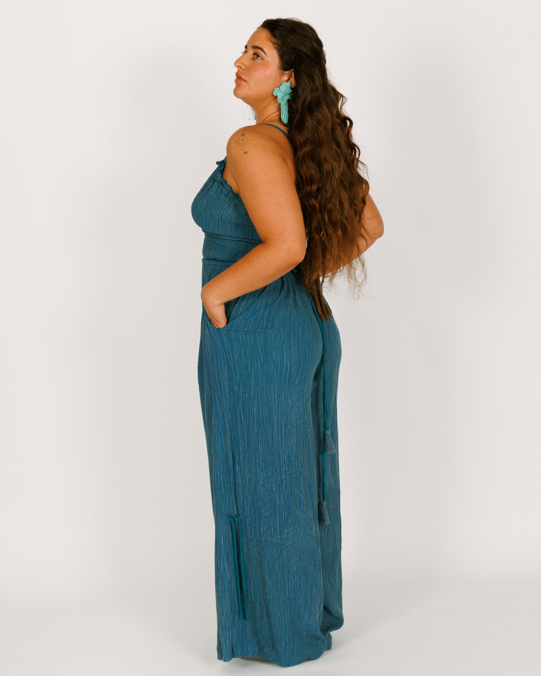 Blue Wrinkled Crepe Long Jumpsuit