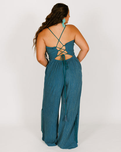 Blue Wrinkled Crepe Long Jumpsuit