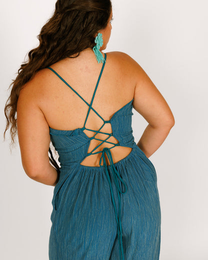 Blue Wrinkled Crepe Long Jumpsuit