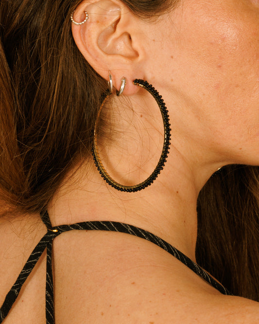 Beaded Earrings - Large Black Hoop