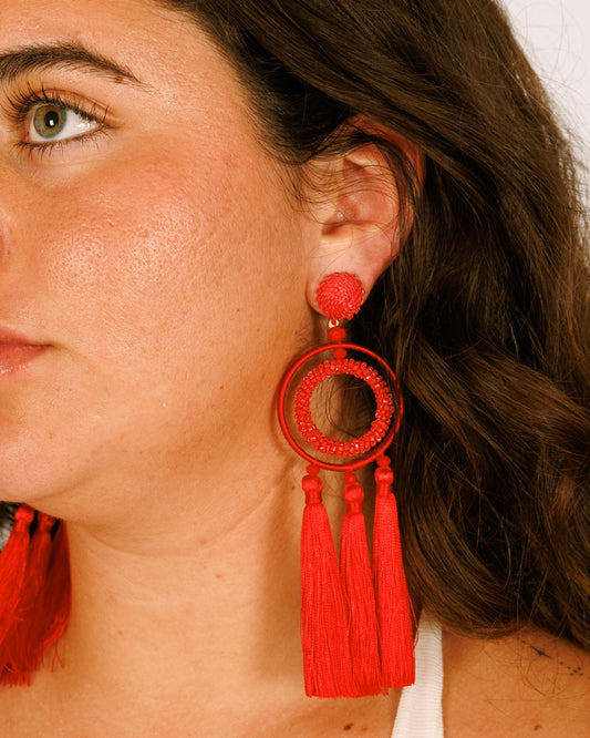 Beaded Earrings - Red Tassels