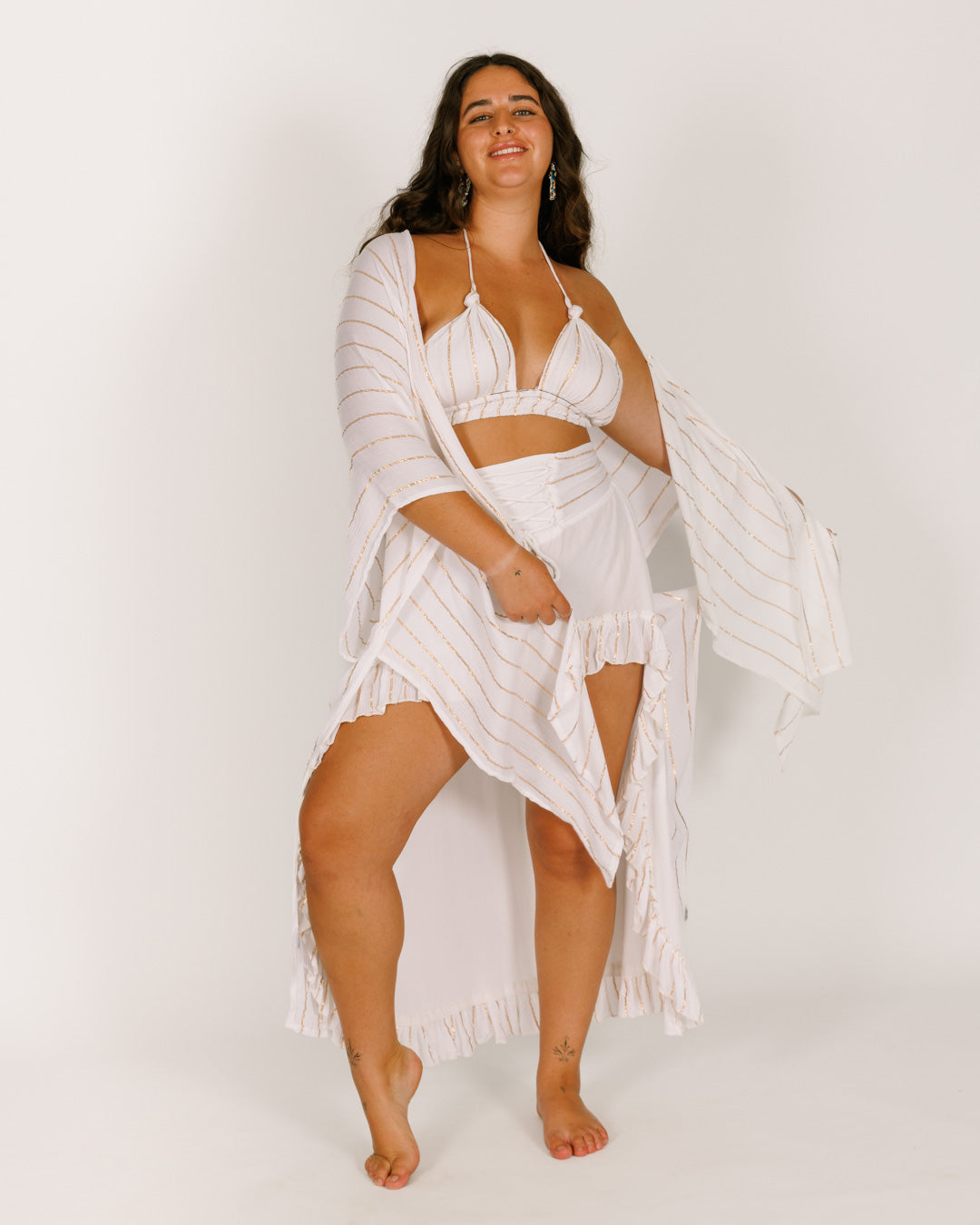 White Lurex Kimono with Gold Stripes