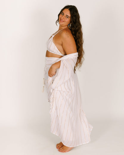 White Lurex Kimono with Gold Stripes