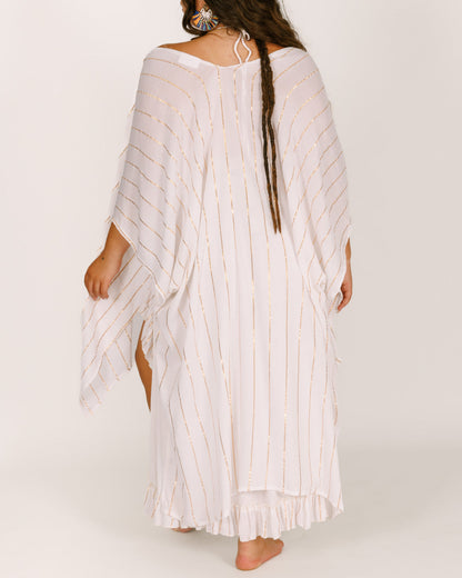 White Lurex Kimono with Gold Stripes