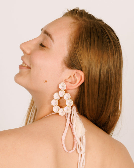 Beaded Earrings - White Flower Hoop