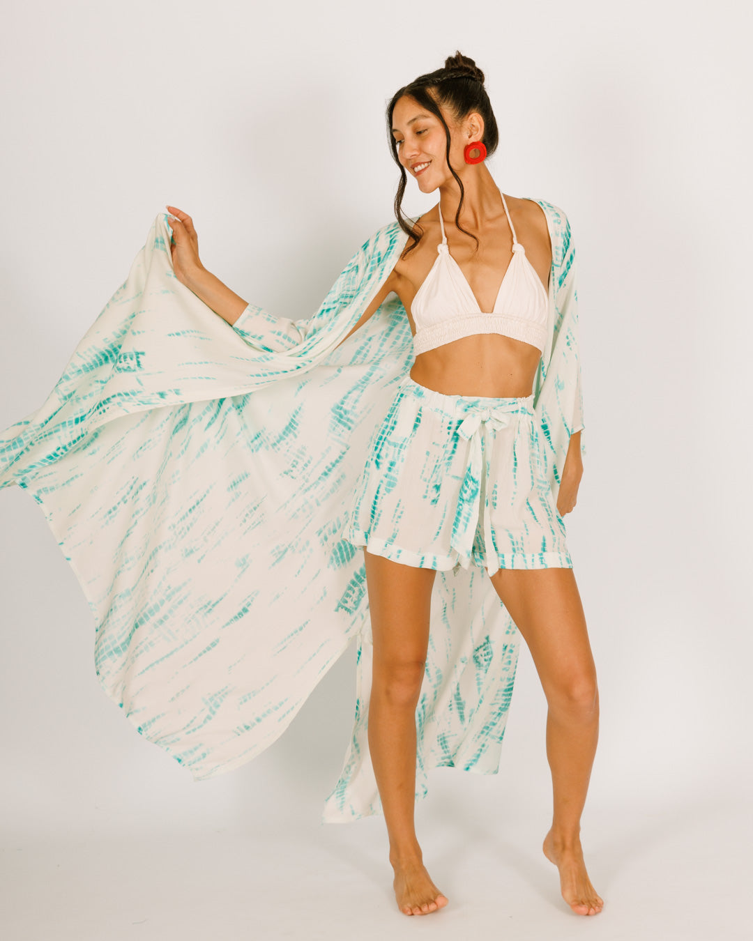 Maxi Kimono in White with Blue Tie-Dye