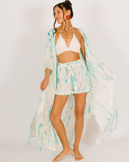 Maxi Kimono in White with Blue Tie-Dye