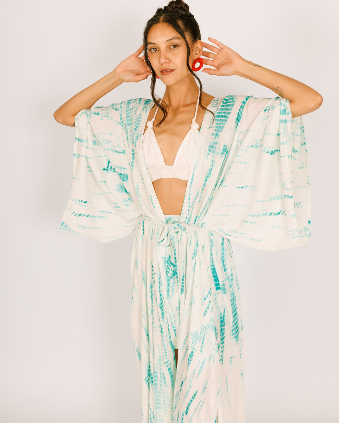 Maxi Kimono in White with Blue Tie-Dye