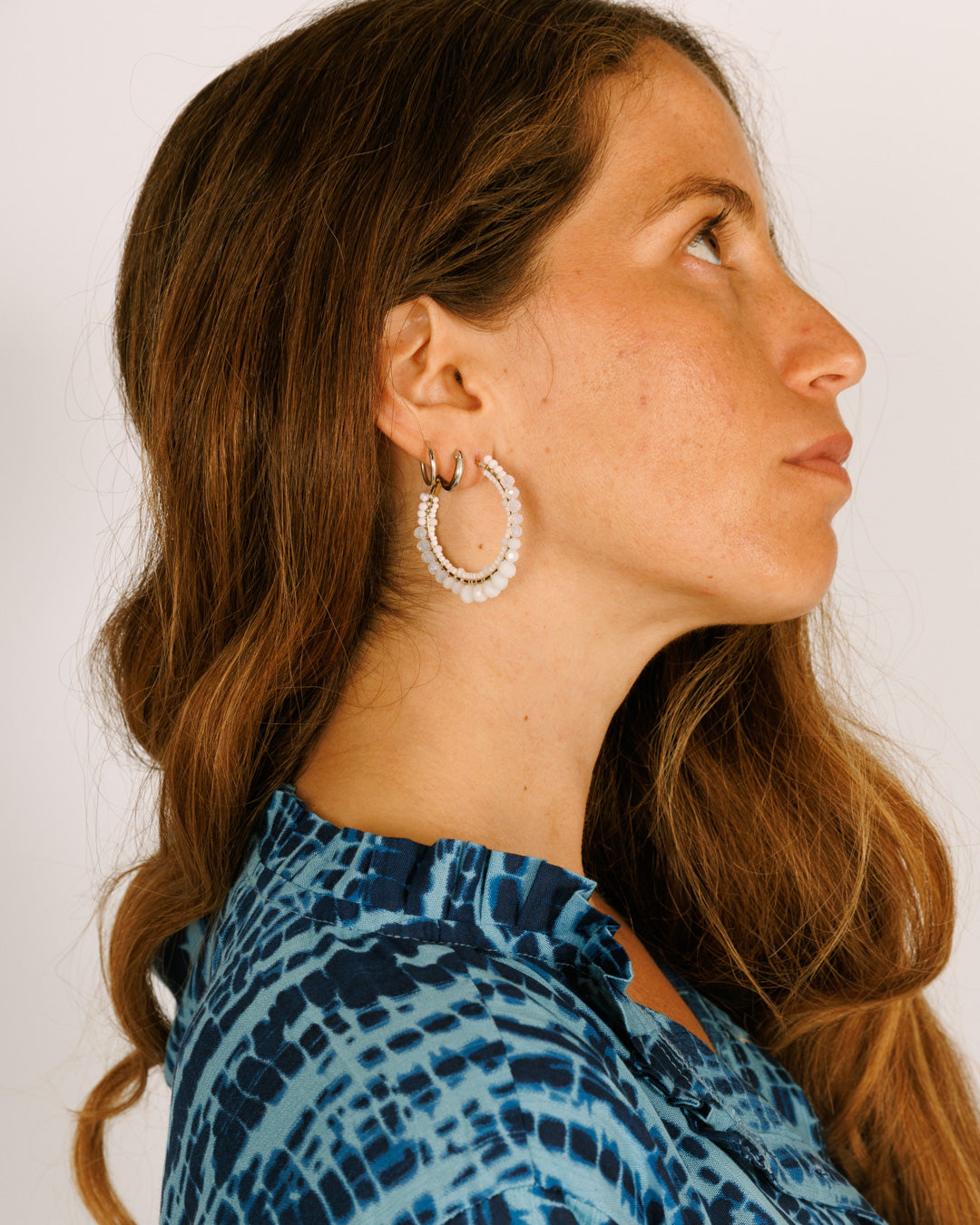 Beaded Earrings - White Hoop Crystals